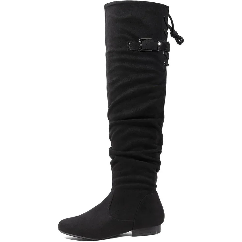 Women's Black-p Suede Over The Knee Thigh High Comfortable Low Heel Winter Boots